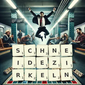 Kreative Illustration für ein Scrabble-Spiel, bei dem das Wort SCHNEIDEZIRKELN mit Steinen auf dem Brett gelegt wurde.