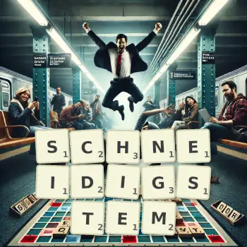 Kreative Illustration für ein Scrabble-Spiel, bei dem das Wort SCHNEIDIGSTEM mit Steinen auf dem Brett gelegt wurde.