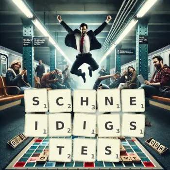 Kreative Illustration für ein Scrabble-Spiel, bei dem das Wort SCHNEIDIGSTES mit Steinen auf dem Brett gelegt wurde.