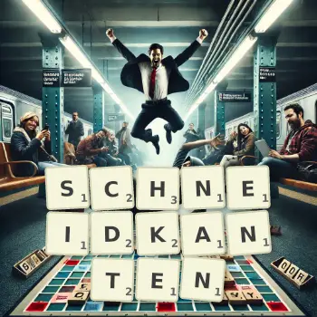 Kreative Illustration für ein Scrabble-Spiel, bei dem das Wort SCHNEIDKANTEN mit Steinen auf dem Brett gelegt wurde.