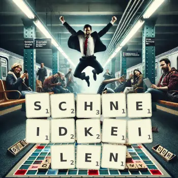 Kreative Illustration für ein Scrabble-Spiel, bei dem das Wort SCHNEIDKEILEN mit Steinen auf dem Brett gelegt wurde.