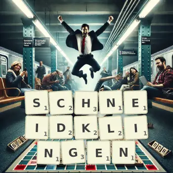Kreative Illustration für ein Scrabble-Spiel, bei dem das Wort SCHNEIDKLINGEN mit Steinen auf dem Brett gelegt wurde.