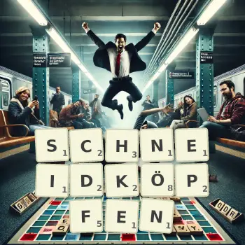 Kreative Illustration für ein Scrabble-Spiel, bei dem das Wort SCHNEIDKÖPFEN mit Steinen auf dem Brett gelegt wurde.