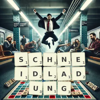 Kreative Illustration für ein Scrabble-Spiel, bei dem das Wort SCHNEIDLADUNG mit Steinen auf dem Brett gelegt wurde.