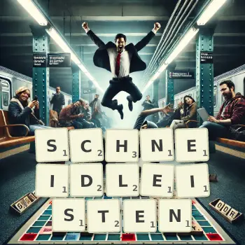Kreative Illustration für ein Scrabble-Spiel, bei dem das Wort SCHNEIDLEISTEN mit Steinen auf dem Brett gelegt wurde.