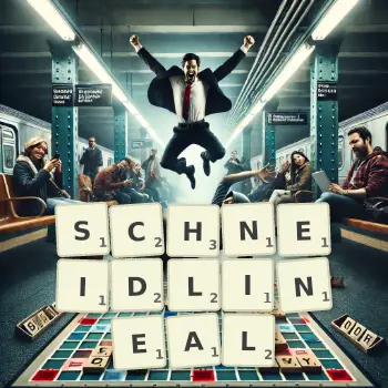 Kreative Illustration für ein Scrabble-Spiel, bei dem das Wort SCHNEIDLINEAL mit Steinen auf dem Brett gelegt wurde.