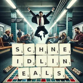 Kreative Illustration für ein Scrabble-Spiel, bei dem das Wort SCHNEIDLINEALS mit Steinen auf dem Brett gelegt wurde.