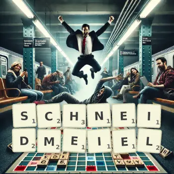 Kreative Illustration für ein Scrabble-Spiel, bei dem das Wort SCHNEIDMEIEL mit Steinen auf dem Brett gelegt wurde.