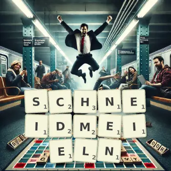 Kreative Illustration für ein Scrabble-Spiel, bei dem das Wort SCHNEIDMEIELN mit Steinen auf dem Brett gelegt wurde.