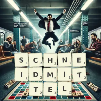 Kreative Illustration für ein Scrabble-Spiel, bei dem das Wort SCHNEIDMITTEL mit Steinen auf dem Brett gelegt wurde.
