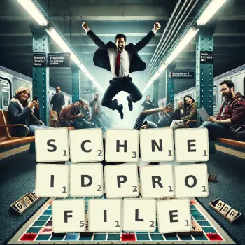 Kreative Illustration für ein Scrabble-Spiel, bei dem das Wort SCHNEIDPROFILE mit Steinen auf dem Brett gelegt wurde.