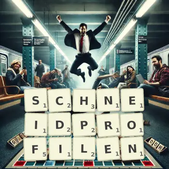 Kreative Illustration für ein Scrabble-Spiel, bei dem das Wort SCHNEIDPROFILEN mit Steinen auf dem Brett gelegt wurde.