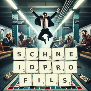 Kreative Illustration für ein Scrabble-Spiel, bei dem das Wort SCHNEIDPROFILS mit Steinen auf dem Brett gelegt wurde.