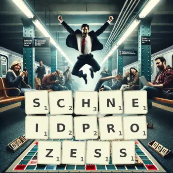Kreative Illustration für ein Scrabble-Spiel, bei dem das Wort SCHNEIDPROZESS mit Steinen auf dem Brett gelegt wurde.