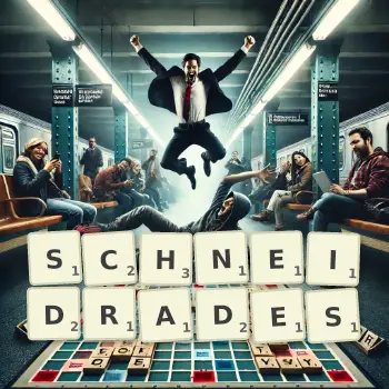 Kreative Illustration für ein Scrabble-Spiel, bei dem das Wort SCHNEIDRADES mit Steinen auf dem Brett gelegt wurde.