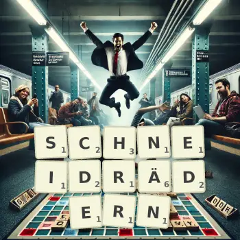 Kreative Illustration für ein Scrabble-Spiel, bei dem das Wort SCHNEIDRÄDERN mit Steinen auf dem Brett gelegt wurde.