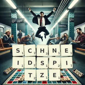 Kreative Illustration für ein Scrabble-Spiel, bei dem das Wort SCHNEIDSPITZE mit Steinen auf dem Brett gelegt wurde.