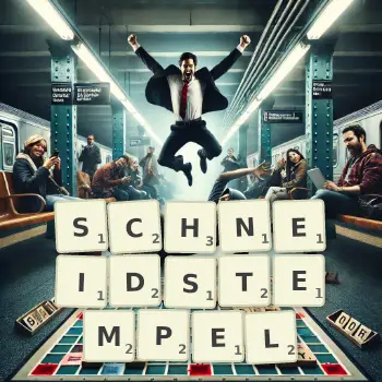 Kreative Illustration für ein Scrabble-Spiel, bei dem das Wort SCHNEIDSTEMPEL mit Steinen auf dem Brett gelegt wurde.