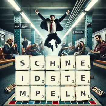 Kreative Illustration für ein Scrabble-Spiel, bei dem das Wort SCHNEIDSTEMPELN mit Steinen auf dem Brett gelegt wurde.