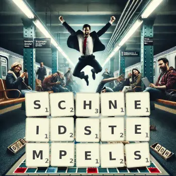 Kreative Illustration für ein Scrabble-Spiel, bei dem das Wort SCHNEIDSTEMPELS mit Steinen auf dem Brett gelegt wurde.