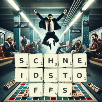 Kreative Illustration für ein Scrabble-Spiel, bei dem das Wort SCHNEIDSTOFFS mit Steinen auf dem Brett gelegt wurde.
