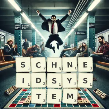 Kreative Illustration für ein Scrabble-Spiel, bei dem das Wort SCHNEIDSYSTEM mit Steinen auf dem Brett gelegt wurde.