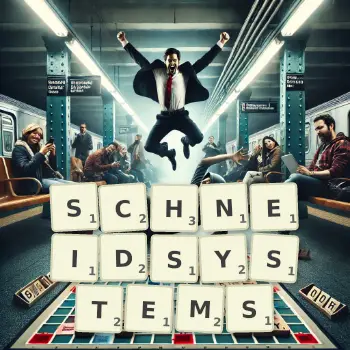 Kreative Illustration für ein Scrabble-Spiel, bei dem das Wort SCHNEIDSYSTEMS mit Steinen auf dem Brett gelegt wurde.