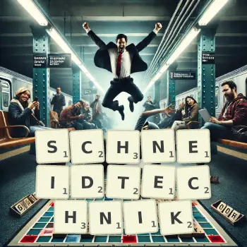 Kreative Illustration für ein Scrabble-Spiel, bei dem das Wort SCHNEIDTECHNIK mit Steinen auf dem Brett gelegt wurde.