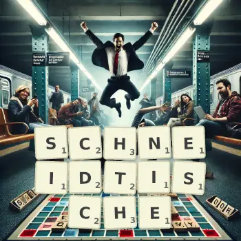 Kreative Illustration für ein Scrabble-Spiel, bei dem das Wort SCHNEIDTISCHE mit Steinen auf dem Brett gelegt wurde.