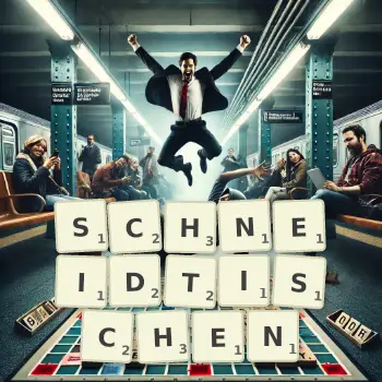 Kreative Illustration für ein Scrabble-Spiel, bei dem das Wort SCHNEIDTISCHEN mit Steinen auf dem Brett gelegt wurde.