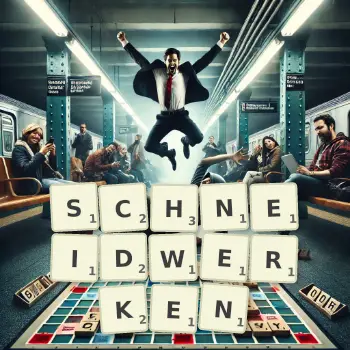 Kreative Illustration für ein Scrabble-Spiel, bei dem das Wort SCHNEIDWERKEN mit Steinen auf dem Brett gelegt wurde.