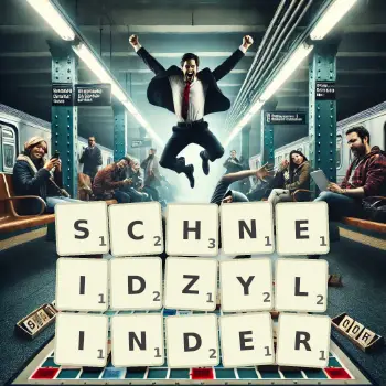 Kreative Illustration für ein Scrabble-Spiel, bei dem das Wort SCHNEIDZYLINDER mit Steinen auf dem Brett gelegt wurde.