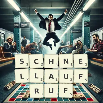 Kreative Illustration für ein Scrabble-Spiel, bei dem das Wort SCHNELLAUFRUF mit Steinen auf dem Brett gelegt wurde.