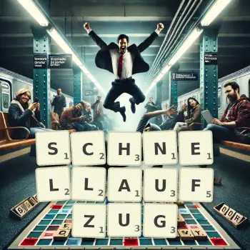 Kreative Illustration für ein Scrabble-Spiel, bei dem das Wort SCHNELLAUFZUG mit Steinen auf dem Brett gelegt wurde.