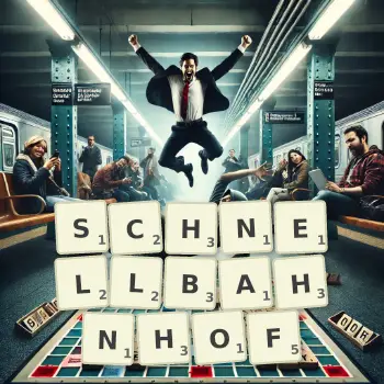 Kreative Illustration für ein Scrabble-Spiel, bei dem das Wort SCHNELLBAHNHOF mit Steinen auf dem Brett gelegt wurde.