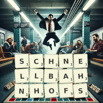 Kreative Illustration für ein Scrabble-Spiel, bei dem das Wort SCHNELLBAHNHOFS mit Steinen auf dem Brett gelegt wurde.