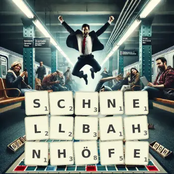 Kreative Illustration für ein Scrabble-Spiel, bei dem das Wort SCHNELLBAHNHÖFE mit Steinen auf dem Brett gelegt wurde.