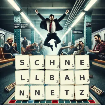 Kreative Illustration für ein Scrabble-Spiel, bei dem das Wort SCHNELLBAHNNETZ mit Steinen auf dem Brett gelegt wurde.