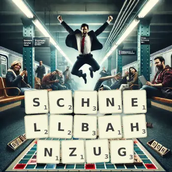 Kreative Illustration für ein Scrabble-Spiel, bei dem das Wort SCHNELLBAHNZUG mit Steinen auf dem Brett gelegt wurde.