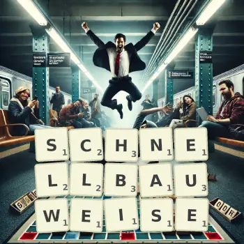 Kreative Illustration für ein Scrabble-Spiel, bei dem das Wort SCHNELLBAUWEISE mit Steinen auf dem Brett gelegt wurde.