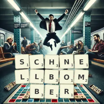 Kreative Illustration für ein Scrabble-Spiel, bei dem das Wort SCHNELLBOMBER mit Steinen auf dem Brett gelegt wurde.