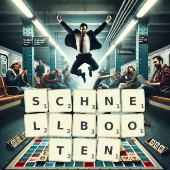 Kreative Illustration für ein Scrabble-Spiel, bei dem das Wort SCHNELLBOOTEN mit Steinen auf dem Brett gelegt wurde.