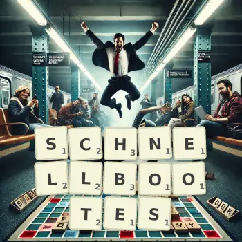 Kreative Illustration für ein Scrabble-Spiel, bei dem das Wort SCHNELLBOOTES mit Steinen auf dem Brett gelegt wurde.