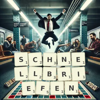 Kreative Illustration für ein Scrabble-Spiel, bei dem das Wort SCHNELLBRIEFEN mit Steinen auf dem Brett gelegt wurde.
