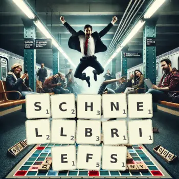 Kreative Illustration für ein Scrabble-Spiel, bei dem das Wort SCHNELLBRIEFS mit Steinen auf dem Brett gelegt wurde.