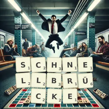 Kreative Illustration für ein Scrabble-Spiel, bei dem das Wort SCHNELLBRÜCKE mit Steinen auf dem Brett gelegt wurde.