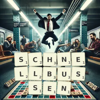 Kreative Illustration für ein Scrabble-Spiel, bei dem das Wort SCHNELLBUSSEN mit Steinen auf dem Brett gelegt wurde.