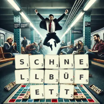 Kreative Illustration für ein Scrabble-Spiel, bei dem das Wort SCHNELLBÜFETT mit Steinen auf dem Brett gelegt wurde.