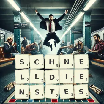 Kreative Illustration für ein Scrabble-Spiel, bei dem das Wort SCHNELLDIENSTES mit Steinen auf dem Brett gelegt wurde.