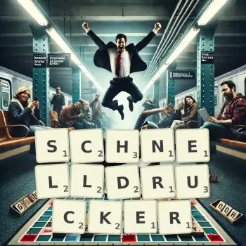 Kreative Illustration für ein Scrabble-Spiel, bei dem das Wort SCHNELLDRUCKER mit Steinen auf dem Brett gelegt wurde.
